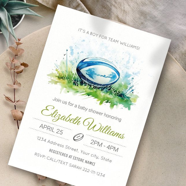 Elegante acuarela Rugby Invitación Baby Shower (Subido por el creador)