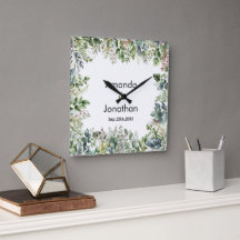 Elegante acuarela verde Boda reloj de pared