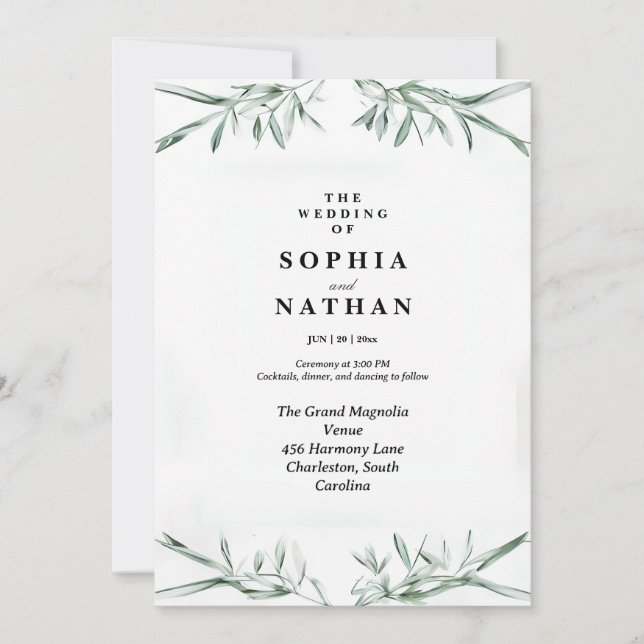 Elegante acuarela Verde Invitación a la boda (Anverso)