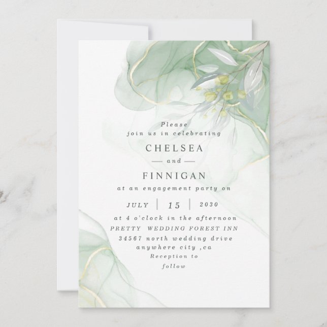 Elegante acuarela Verde Invitación a la boda (Anverso)