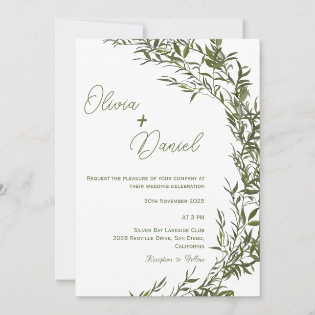 Elegante acuarela Verde Invitación a la boda (Anverso)