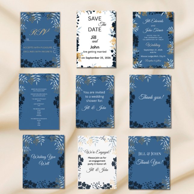 Elegante agradecimiento botánico boda azul (Subido por el creador)