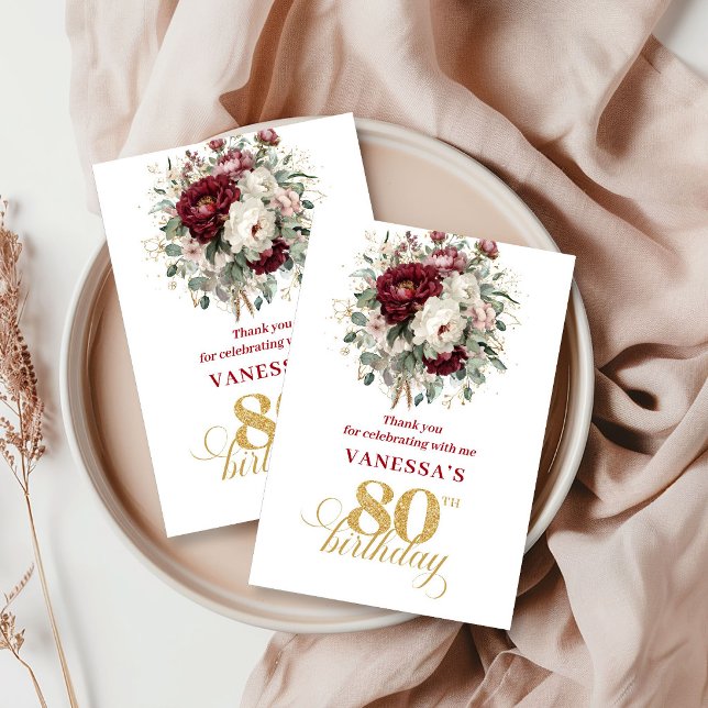 Elegante Agradecimiento de 80 Cumpleaños Burdeos R (Stylish Blush Burgundy 80th Birthday Thank You Card)