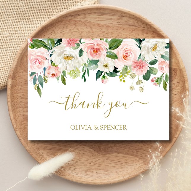 Elegante Agradecimiento de Boda Floral Rosa Dorado (Floral Thank You Card)