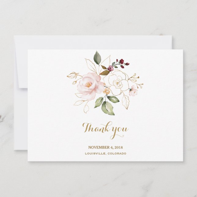 Elegante Agradecimiento de Boda Floral Rosa Rubor  (Anverso)