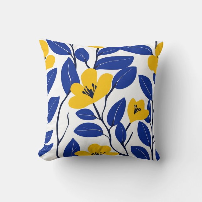 Elegante almohada amarilla floral y azul de hoja (Anverso)