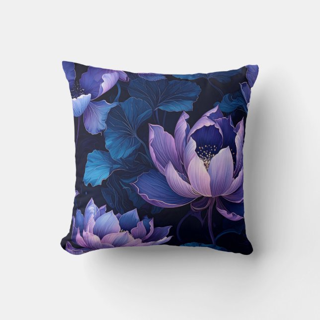 Elegante almohada azul púrpura negro Lotus (Anverso)