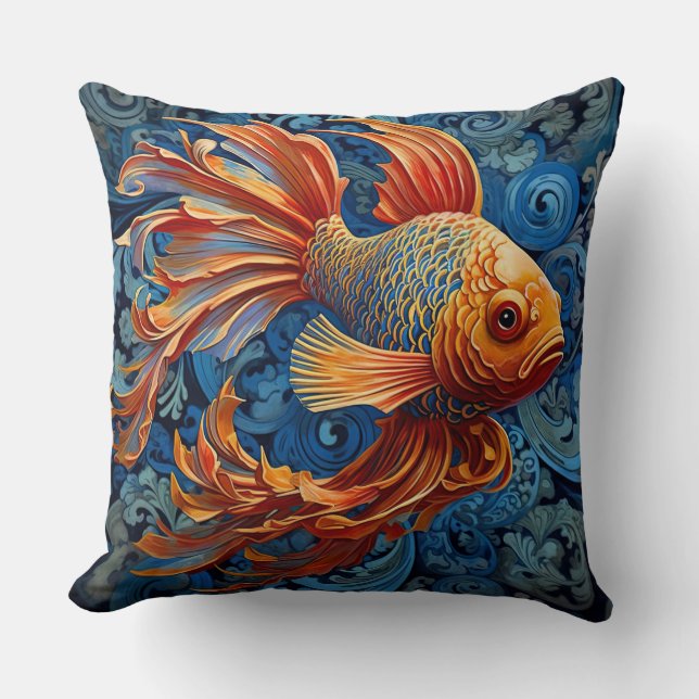 Elegante almohada de acento Koi Fish Blue/Naranja (Anverso)