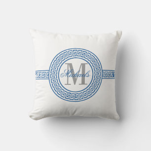 Elegante almohada de clave griega azul monograma