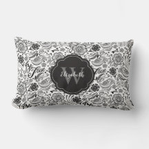 Elegante almohada de Monograma Floral Blanco Negro