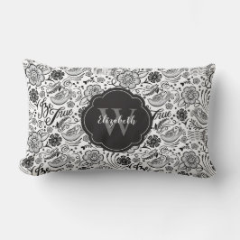 Elegante almohada de Monograma Floral Blanco Negro