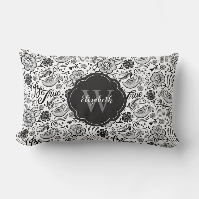 Elegante almohada de Monograma Floral Blanco Negro (Anverso)