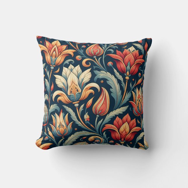Elegante almohada de patrón floral rojo y dorado (Anverso)