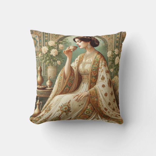 Elegante almohada decorativa con mujer de época (Anverso)