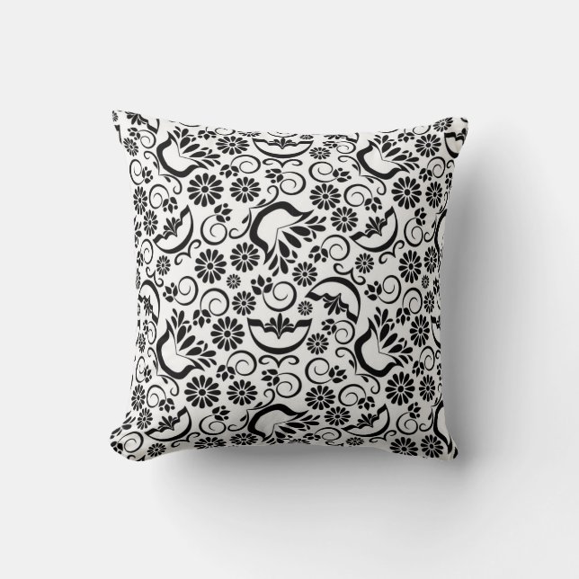 Elegante almohada floral blanca negra (Anverso)