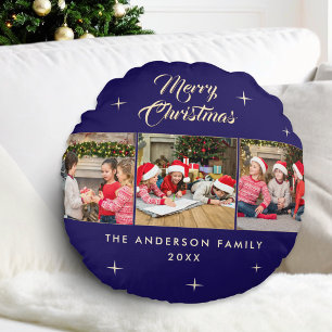 Elegante Almohada Redonda de Navidad en Azul Marin