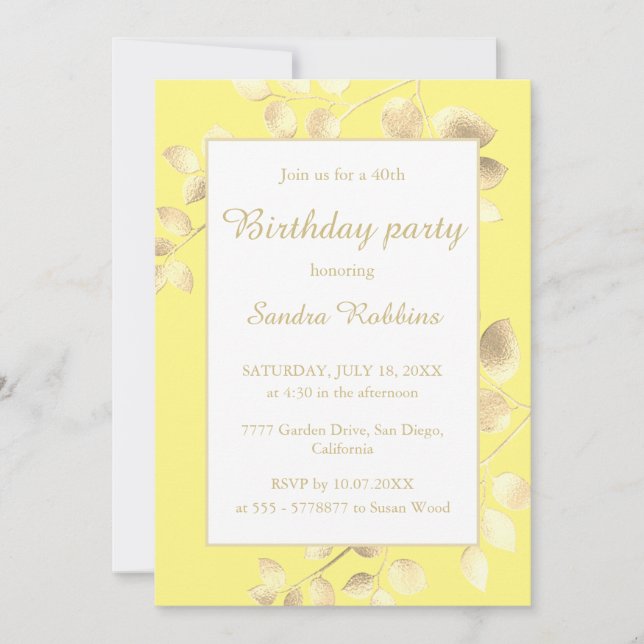 Elegante amarillo dorado deja invitación de cumple (Anverso)