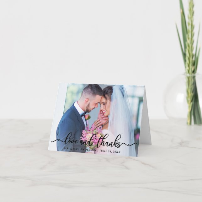 Elegante Amor y Gracias Boda Foto Nota de Blanco (Anverso)