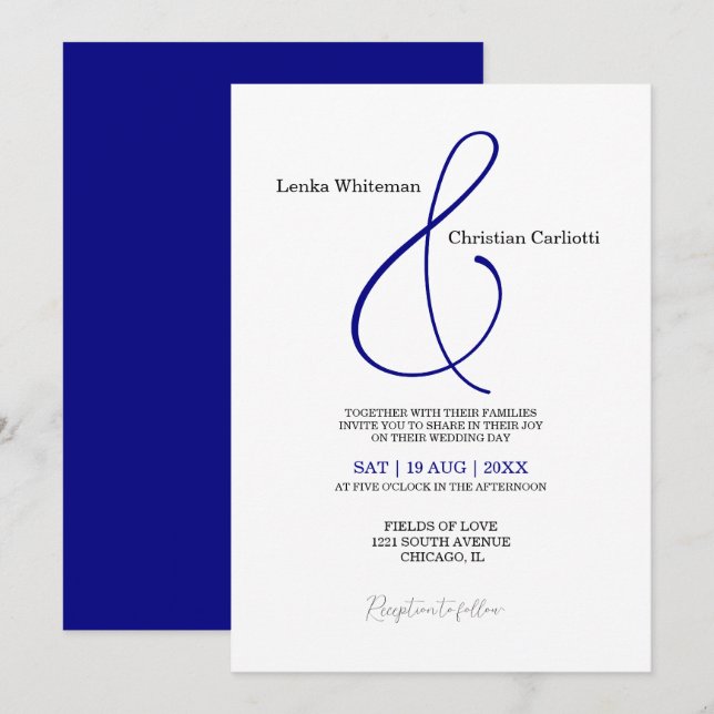 Elegante Ampersa Azul de la Marina e invitación a  (Anverso / Reverso)