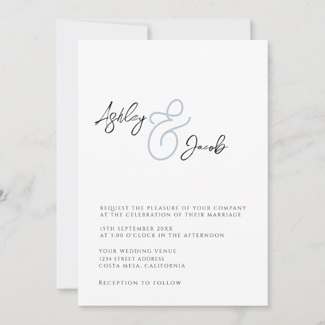 Elegante Ampersa Azul y invitación a la boda (Anverso)