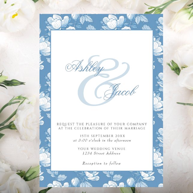 Elegante Ampersor Floral Azul e Invitación a la bo (Subido por el creador)