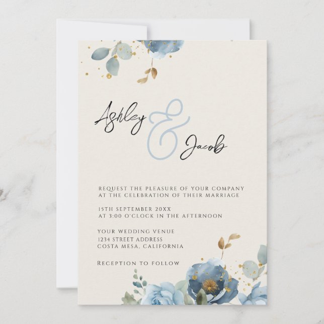 Elegante Ampersor Floral Azul e Invitación a la bo (Anverso)