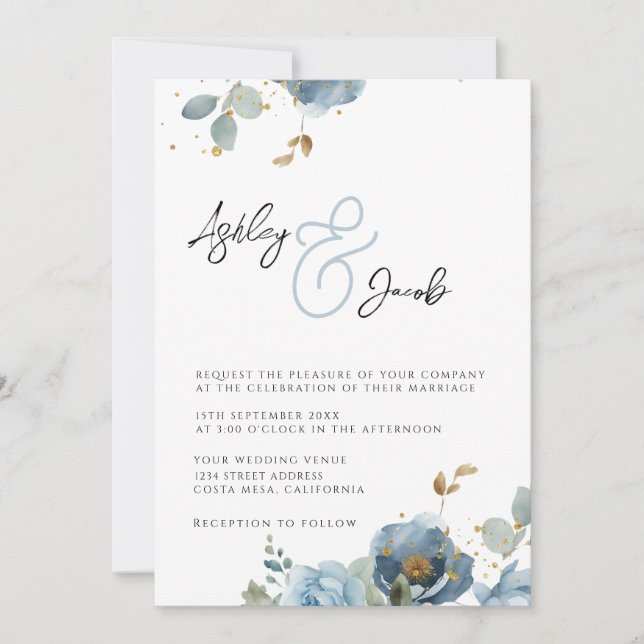 Elegante Ampersor Floral Azul e Invitación a la bo (Anverso)