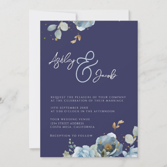 Elegante Ampersor Floral Azul e Invitación a la bo (Anverso)