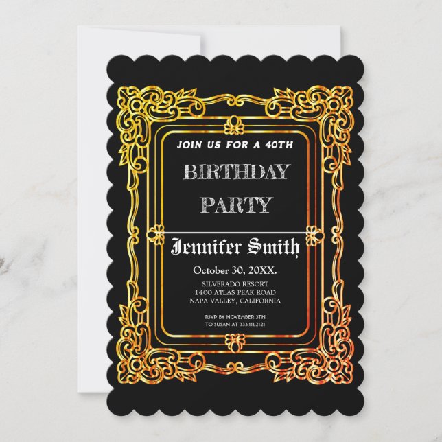 Elegante añada de oro negro 40 invitación de cumpl (Anverso)