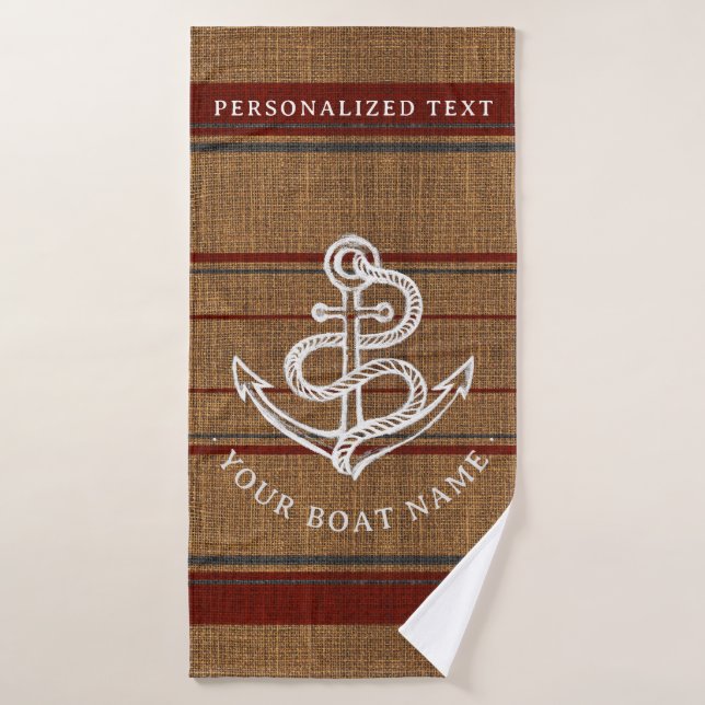 Elegante Ancla Burlap Nautical Boat Name Personali (Toalla de baño)