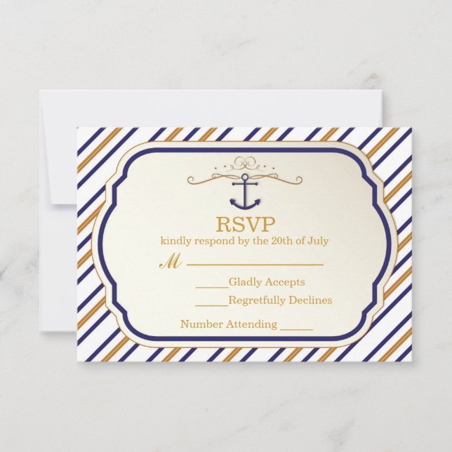 Elegante Anclaje Náutico Tarjeta RSVP Azul Blanco  (Anverso)