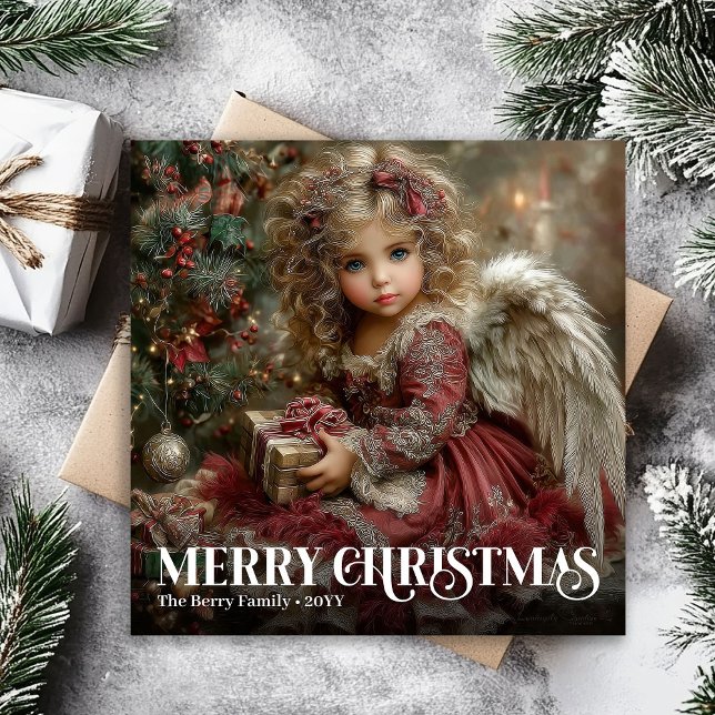 Elegante Ángel de Navidad Victoriano de Rojo Borgo (Elegant Burgundy Red Victorian Angel Christmas Card)