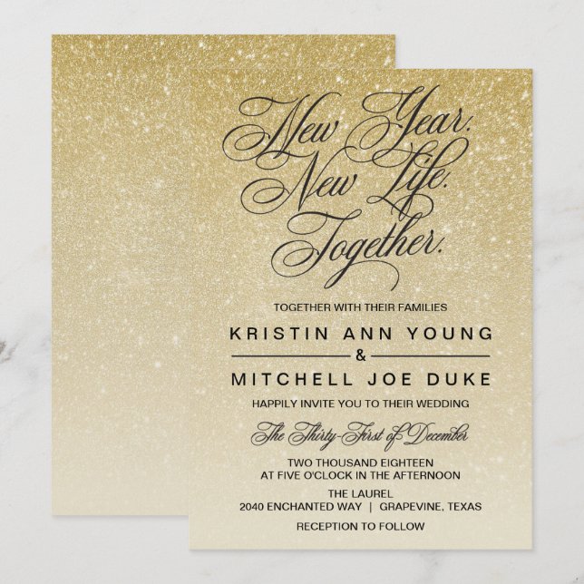 Elegante Año Nuevo Oro Invitación a la Boda (Anverso / Reverso)