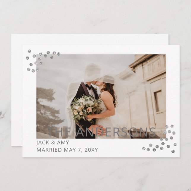 Elegante anuncio de boda con foto y confeti de pla (Anverso / Reverso)