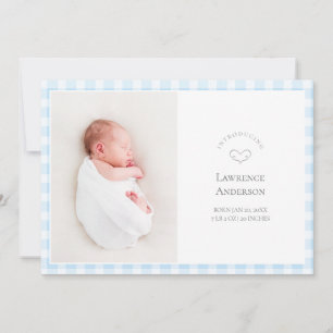 Elegante anuncio de nacimiento de bebé niño en azu