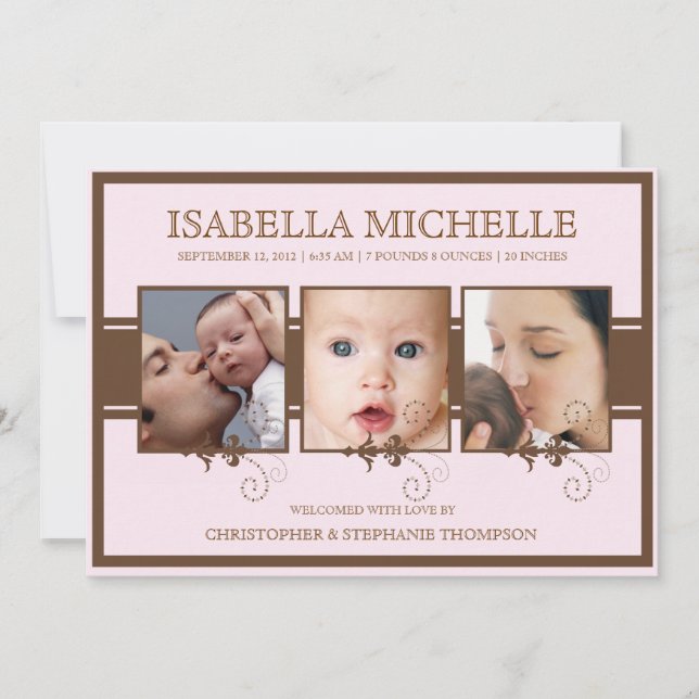 Elegante Anuncio de nacimiento de tres niñas de fo (Anverso)