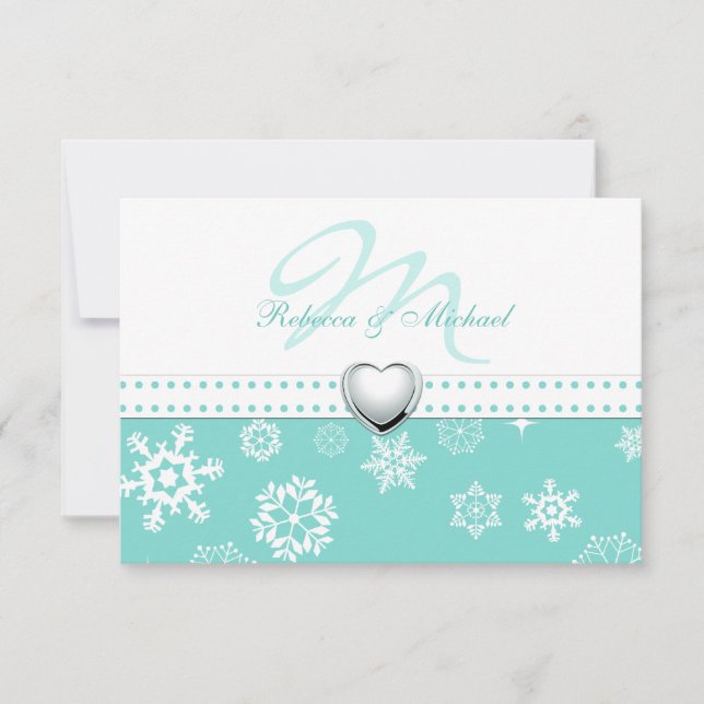 Elegante Aqua Blue and Snowflakes Wedding RSVP (Anverso)