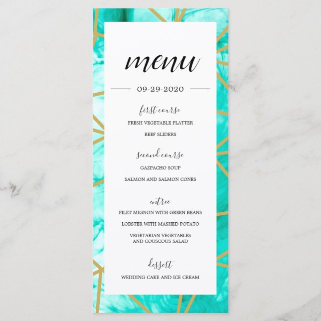 Elegante Aqua Blue Geometric Gold Menu (Anverso)