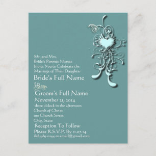 Elegante Aqua Blue Heart Swirl Wedding Invitación