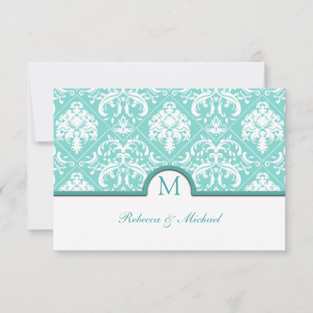 Elegante Aqua Blue & White Damask Monograma RSVP (Anverso)