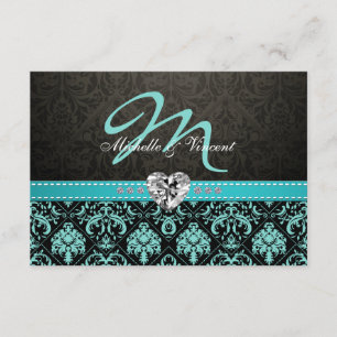 Elegante Aqua Blue y Black Damask Monograma RSVP