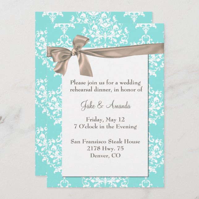 Elegante Aqua Damask Invitación a la cena (Anverso / Reverso)