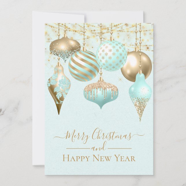 Elegante Aqua Gold Ornaments Merry Christmas Card (Anverso)