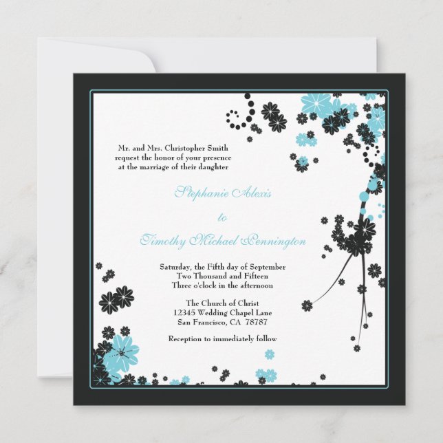 Elegante aqua + invitación a la boda de flores neg (Anverso)