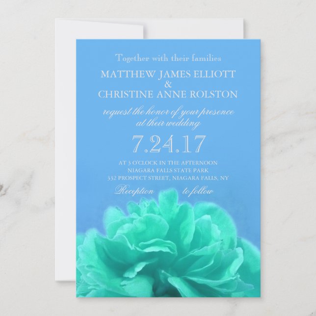 Elegante Aquamarine Blue Floral Wedding Invitación (Anverso)