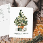 Elegante Árbol de Navidad acuarela no foto<br><div class="desc">Elegante postal vacacional con un árbol navideño de acuarela festivo adornado con adornos de cristal y rodeado de regalos envueltos. Personalice la tarjeta postal agregando un saludo personalizado, su apellido y el año. La postal navideña se revierte para mostrar la dirección de retorno y el mensaje personalizado en letras verdes....</div>