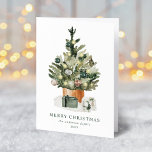 Elegante Árbol de Navidad acuarela no foto<br><div class="desc">Elegante tarjeta de vacaciones sin foto con un árbol navideño de acuarela festivo adornado con adornos de vidrio y rodeado de regalos envueltos. Personalice la tarjeta agregando un saludo personalizado, su apellido y el año. Agregue un mensaje personalizado al interior de la tarjeta o deje en blanco para escribir el...</div>