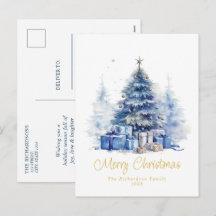 Elegante árbol de Navidad azul acuarela