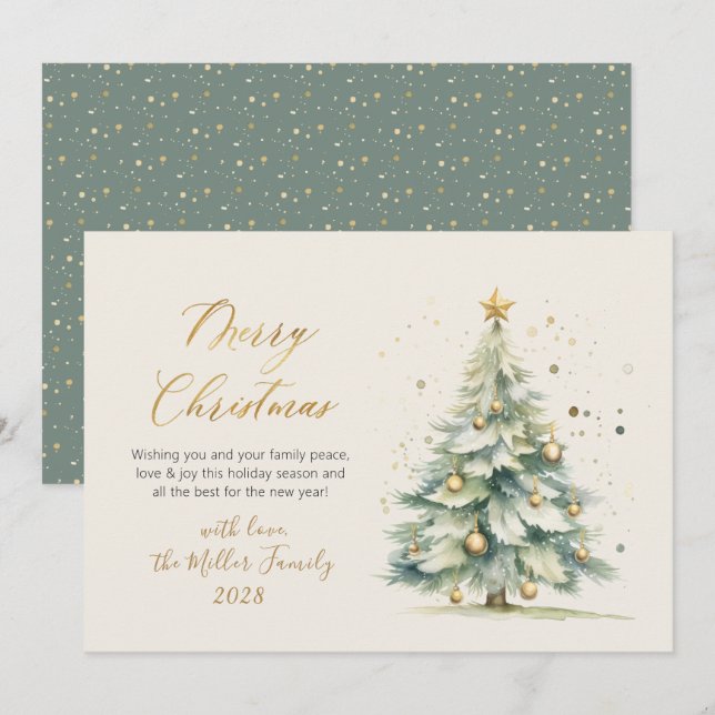 Elegante Árbol de navidad con acuarela Gold Script (Anverso / Reverso)
