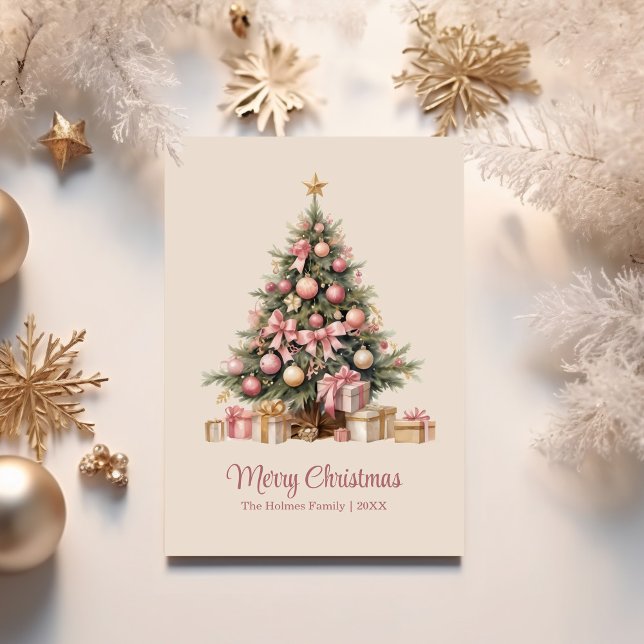 Elegante árbol de Navidad con arcos rosados (Elegant Christmas Tree with Pink Bows Holiday Card on a table with white and gold Christmas decor)